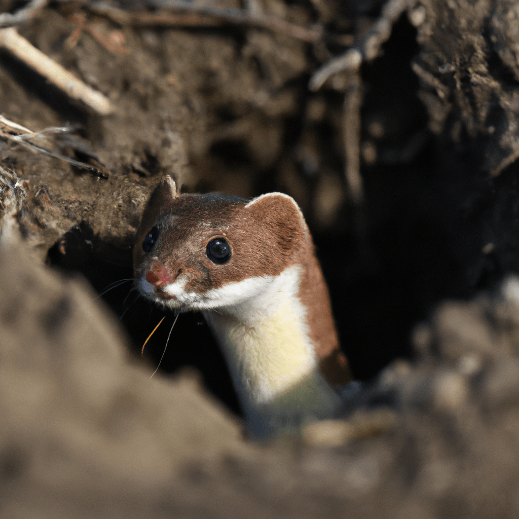 A inquisitive weasel peeks out from its underground burrow, its eyes glinting in the bright sunlight. Nikon 70-200mm f/2.8. No text.. Sigma 85 mm f/1.4. No text.