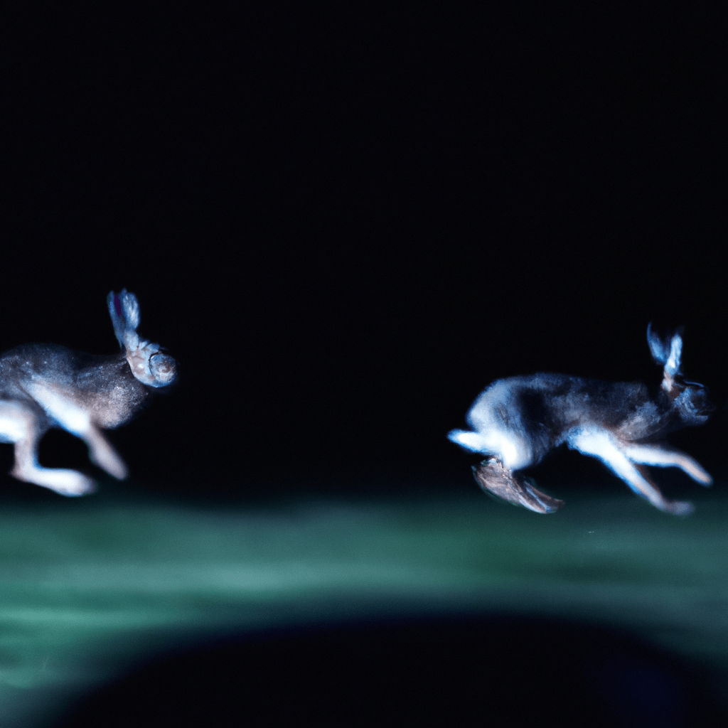 A photo capturing the blurred motion of jumping hares at night.. Sigma 85 mm f/1.4. No text.