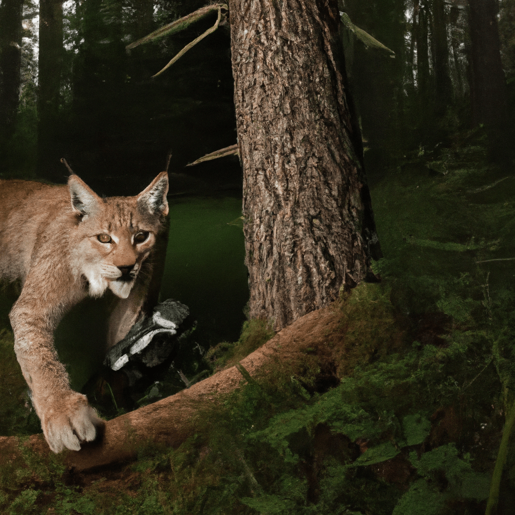 2 - A fascinating photo capturing a secretive lynx cautiously approaching a strategically placed camera trap in the dense forest. Canon 70D. No text.. Sigma 85 mm f/1.4. No text.