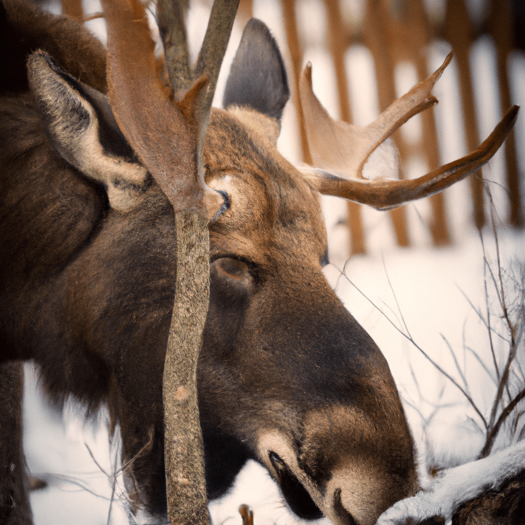 [Image: A majestic moose feeding on tree bark during winter]. Sigma 85 mm f/1.4. No text.