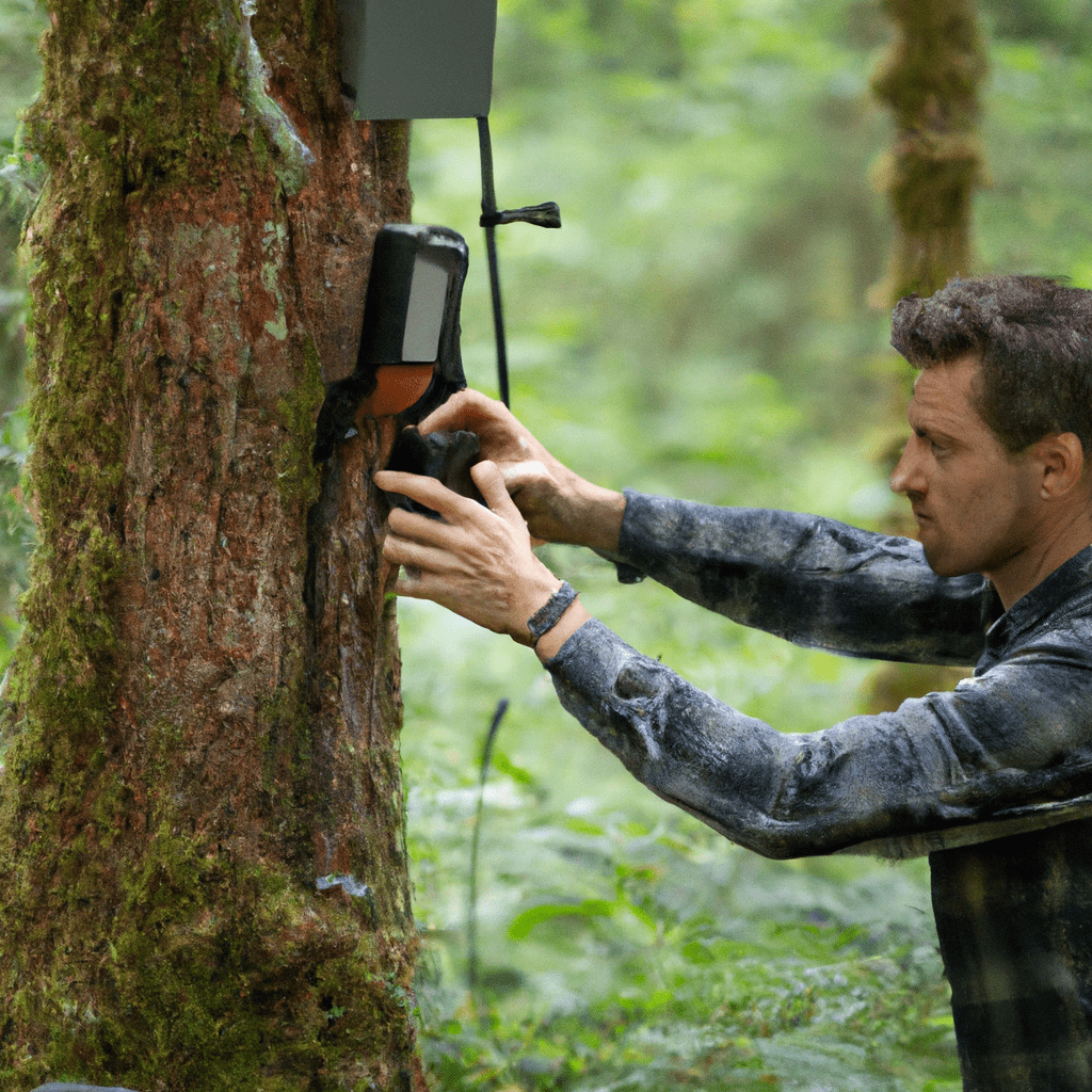 A man carefully setting up a high-quality trail camera in a dense forest to capture wildlife moments. Nikon 35 mm f/1.8. No text. Sigma 85 mm f/1.4. No text.. Sigma 85 mm f/1.4. No text.
