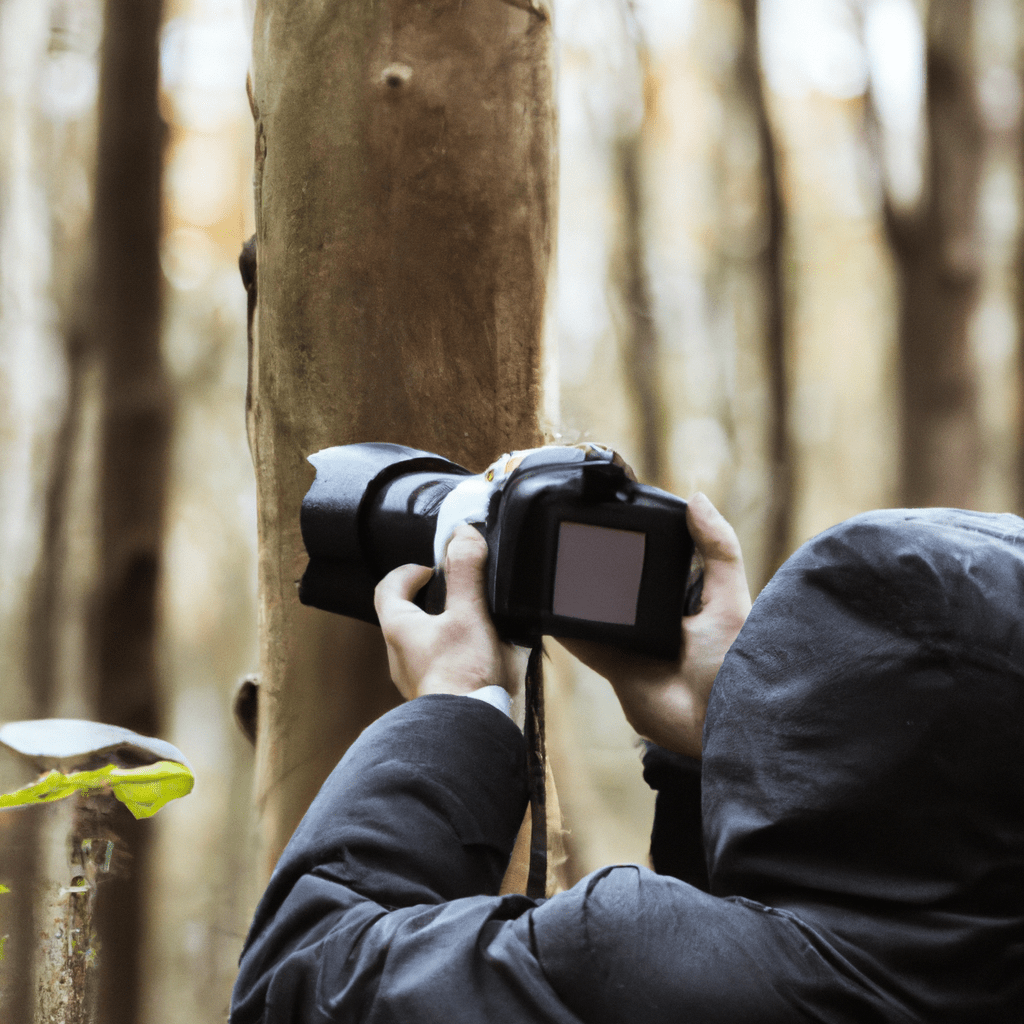 [Man taking a photo of a forest with a wildlife camera]. Sigma 85 mm f/1.4. No text.