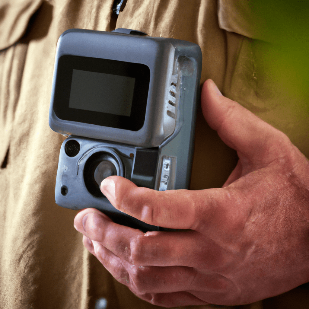 [Man holding a budget-friendly trail camera, ready for wildlife capture.]. Sigma 85 mm f/1.4. No text.