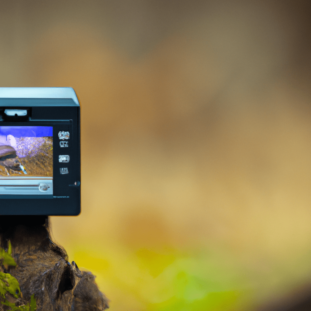 A photo of a mini trail camera capturing a close-up image of a wild animal in its natural habitat. [Up close and personal with wildlife!]. Sigma 85 mm f/1.4. No text.. Sigma 85 mm f/1.4. No text.