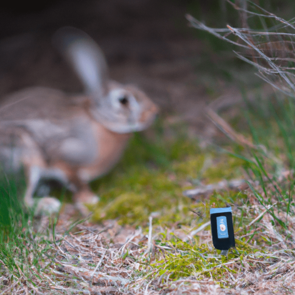 A photo depicting a motion sensor trail camera capturing a rabbit in its natural habitat. The camera is positioned at an optimal distance and height to capture interesting moments from their hidden life.. Sigma 85 mm f/1.4. No text.