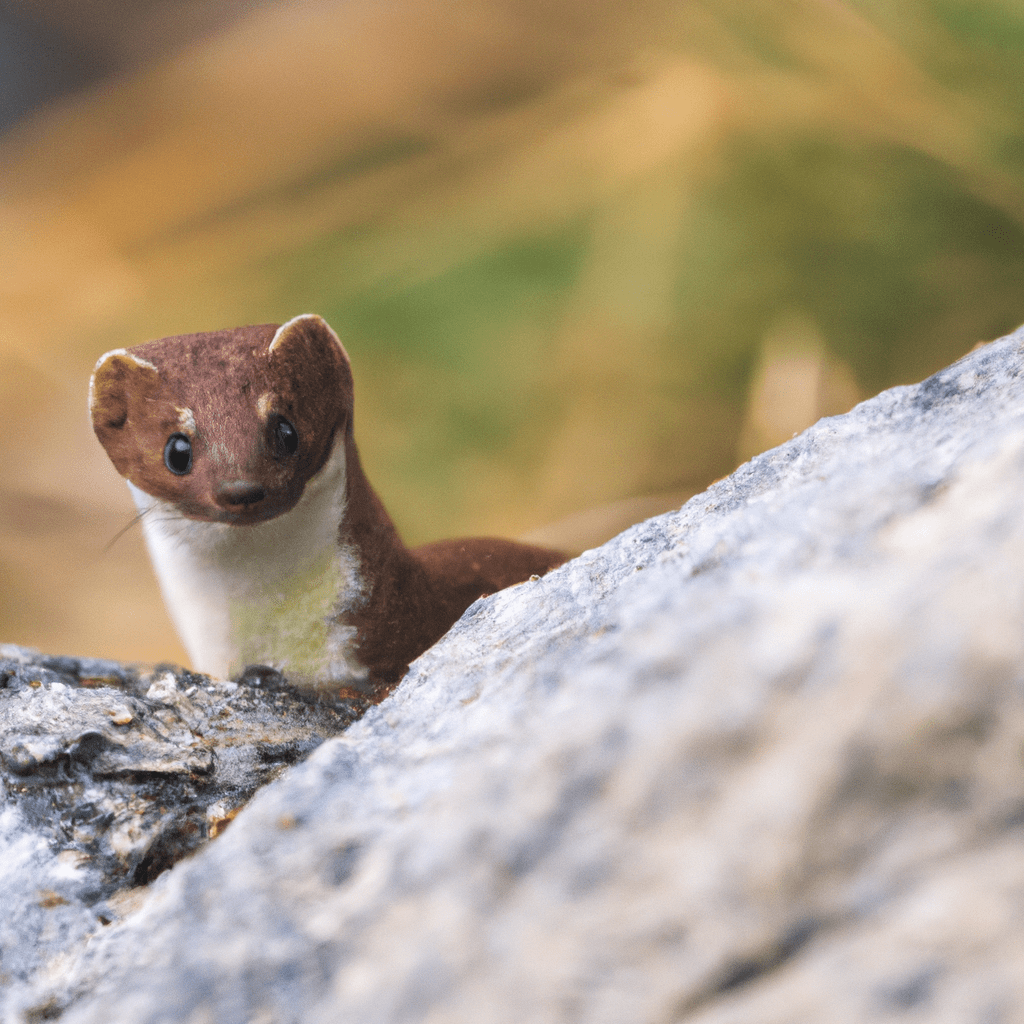 [Mountain weasel peeking out of a rock]. Sigma 85 mm f/1.4. No text.