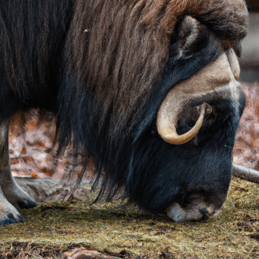 A photo capturing a muskox carefully collecting and storing food for the long winter months.. Sigma 85 mm f/1.4. No text.