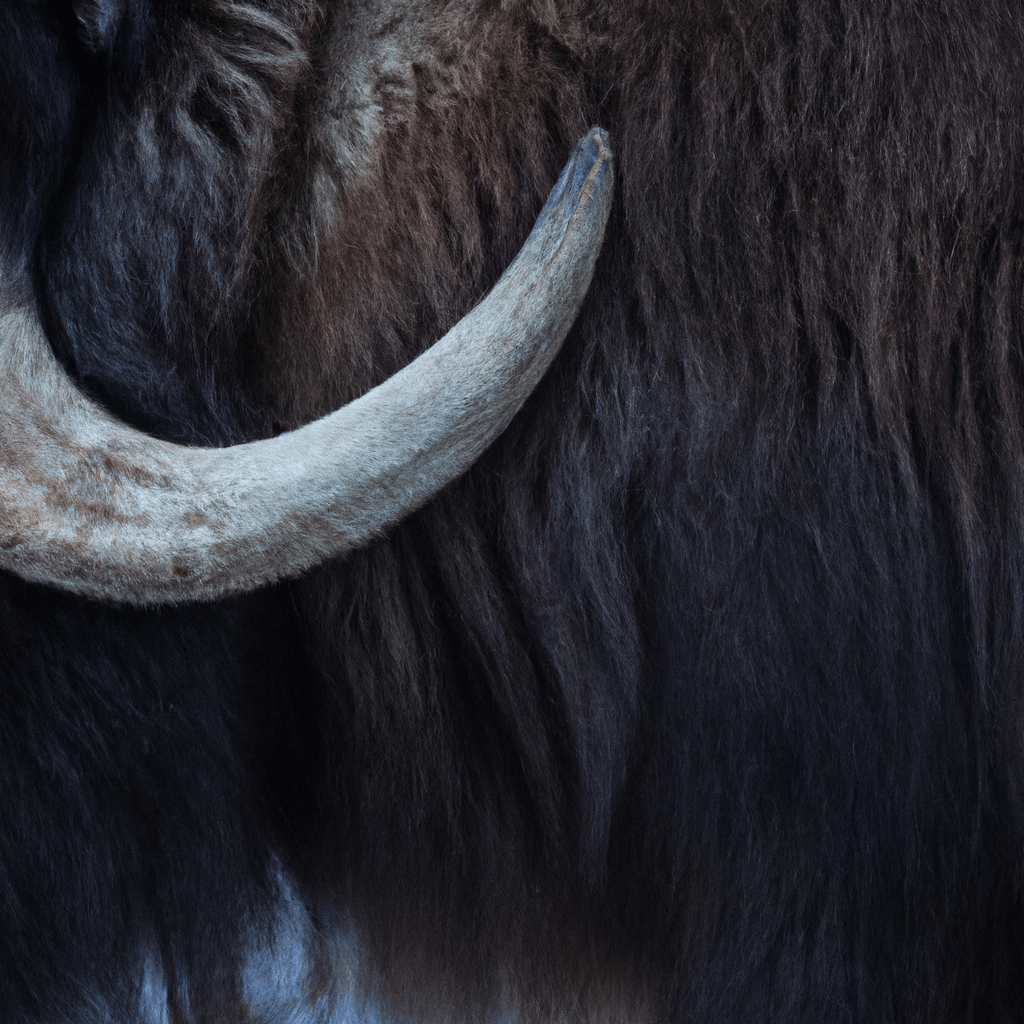 A close-up of a muskox's chest, showing its heart beating slowly in the winter cold.. Sigma 85 mm f/1.4. No text.