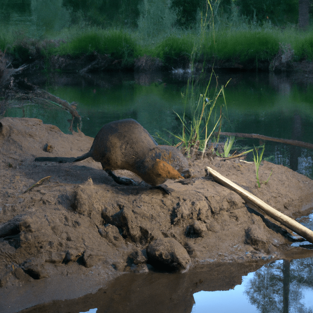 [An image of a muskrat in its natural habitat, captured by a wildlife camera trap.]. Sigma 85 mm f/1.4. No text.