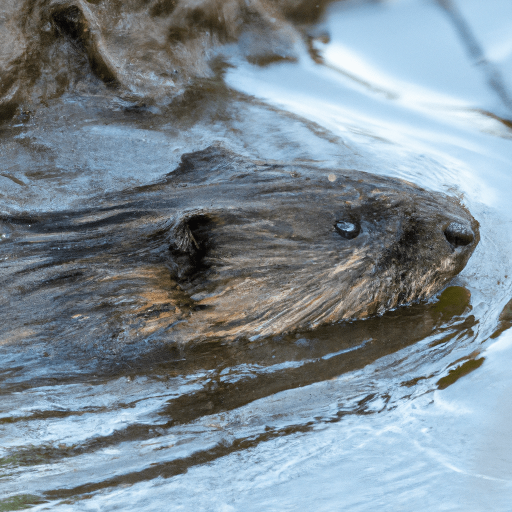 A close-up photo of a muskrat emerging from the water, with its dark fur and distinctive white belly patch clearly visible.. Sigma 85 mm f/1.4. No text.