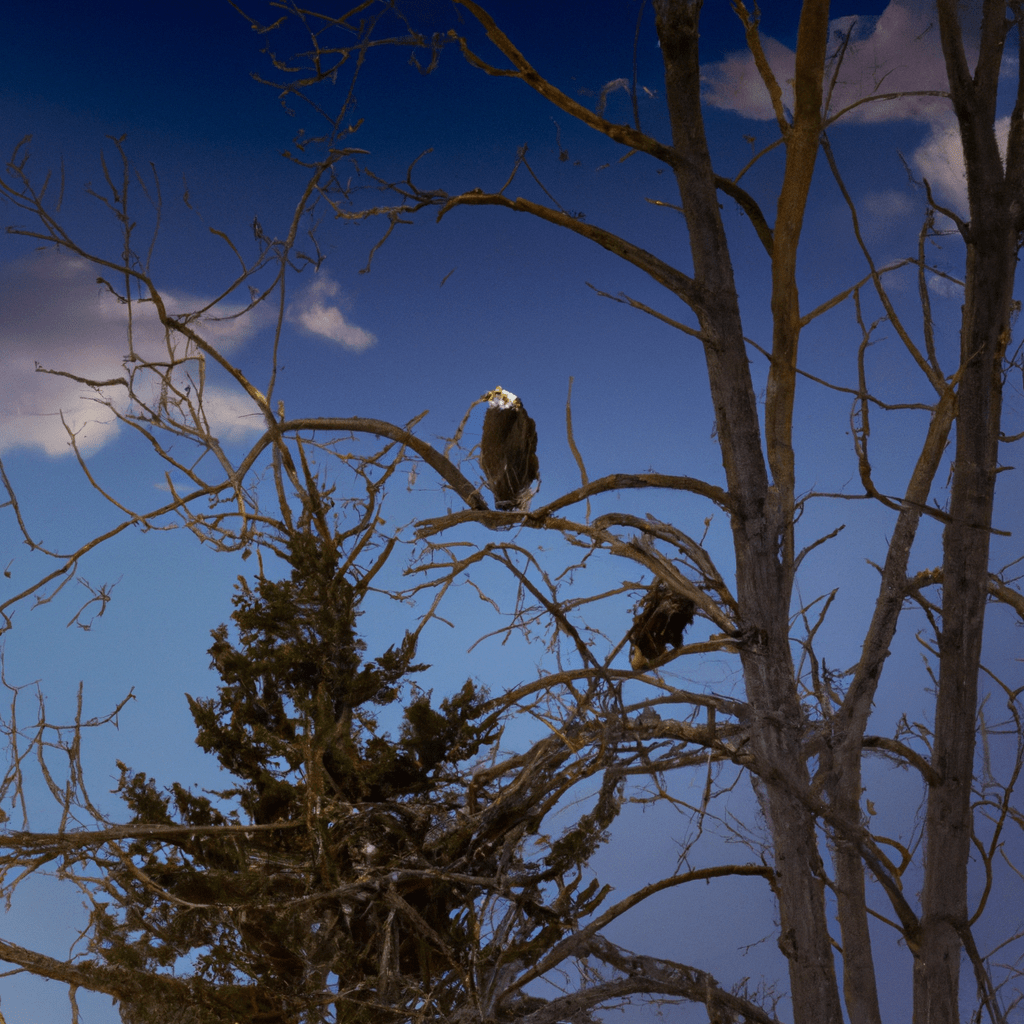 A distant shot of a pair of nocturnal eagles fiercely guarding their nest in a towering tree.. Sigma 85 mm f/1.4. No text.