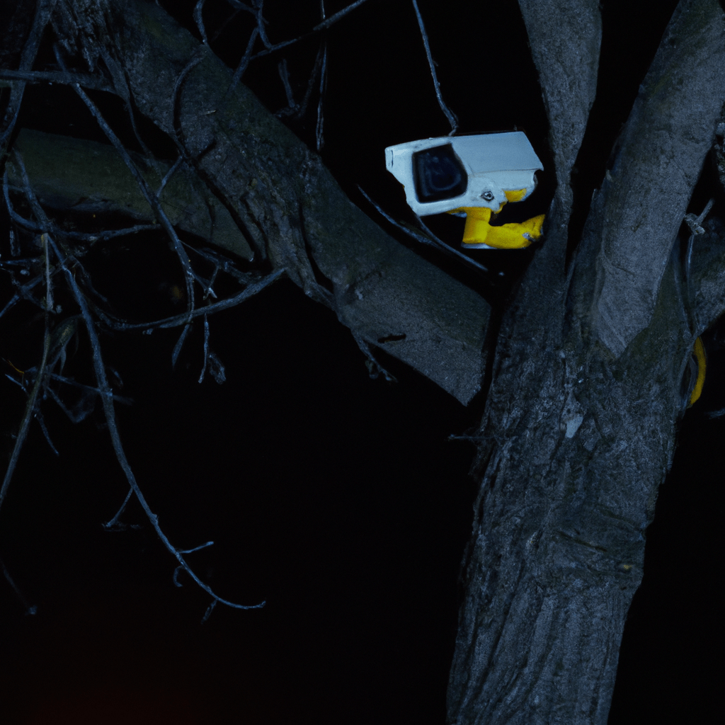 In the photo, a high-quality trail camera is mounted on a tree, capturing clear images of an intruder entering a residential area at night. Nikon 70-200 mm f/2.8. No text.. Sigma 85 mm f/1.4. No text.