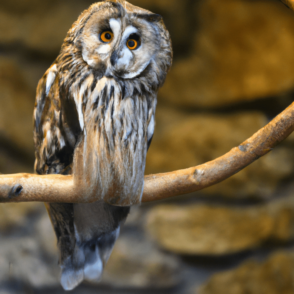 A close-up of an owl perched on a branch, showcasing its mesmerizing eyes and unique hunting abilities.. Sigma 85 mm f/1.4. No text.