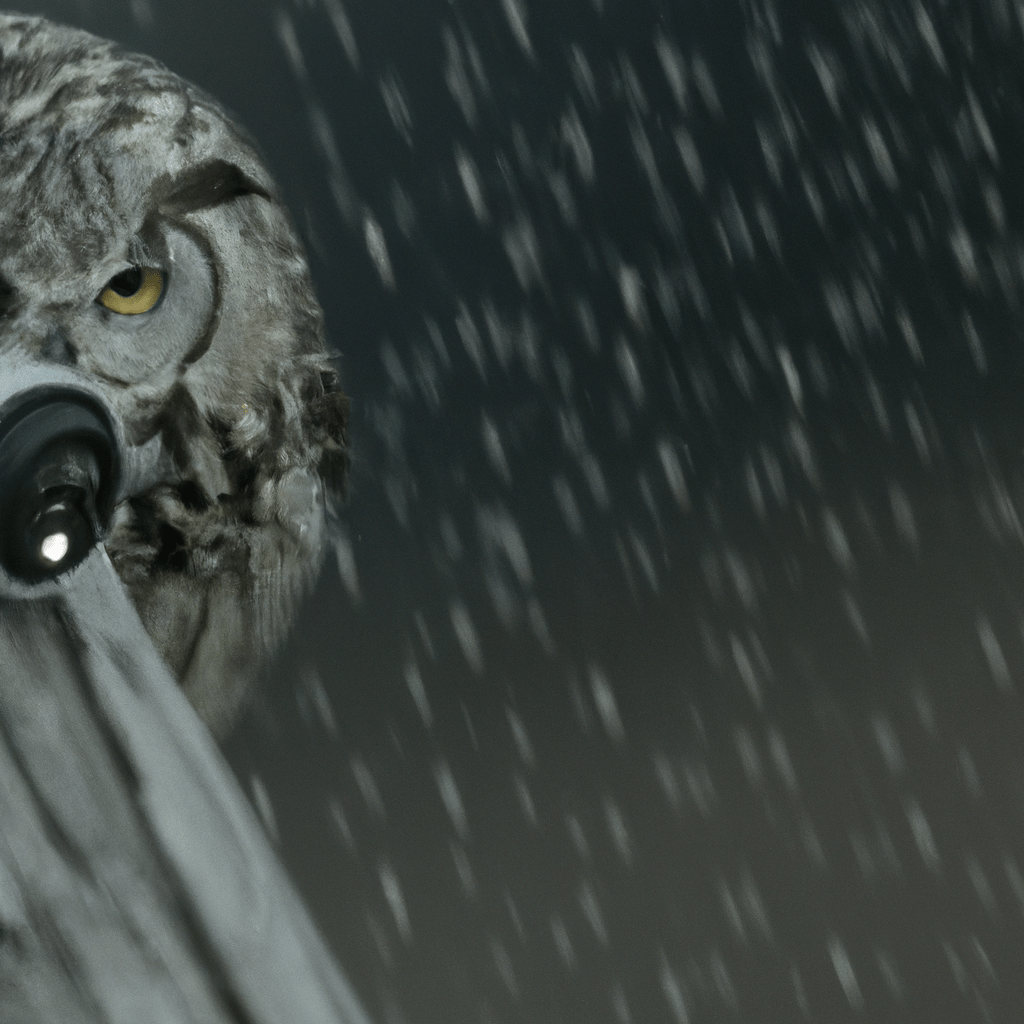 2 - [Photo: Owl captured on a wildlife camera during a storm]. Examining the impact of weather on owl activity and behavior. Sigma 85 mm f/1.4. No text.. Sigma 85 mm f/1.4. No text.