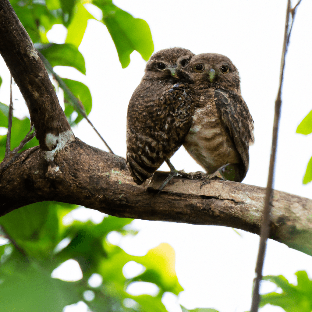 4 - [A pair of owls perched on a branch, tenderly tending to their offspring. Their bond and dedication is evident in their caring actions.] Nikon 200-500 mm f/5.6. No text.. Sigma 85 mm f/1.4. No text.