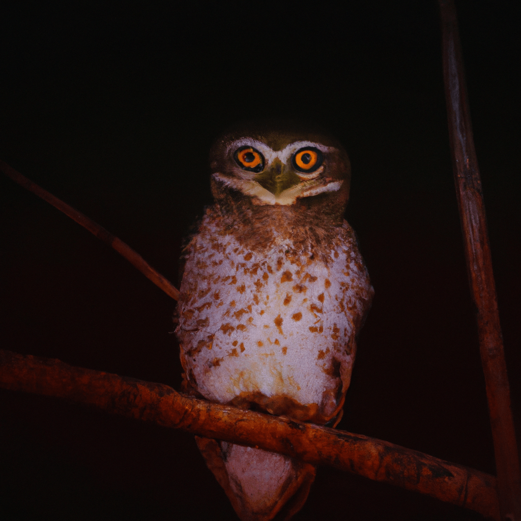 A photo of an owl perched on a tree branch at night, its piercing eyes and silent flight making it the ultimate nocturnal hunter. Sigma 85 mm f/1.4. No text.. Sigma 85 mm f/1.4. No text.