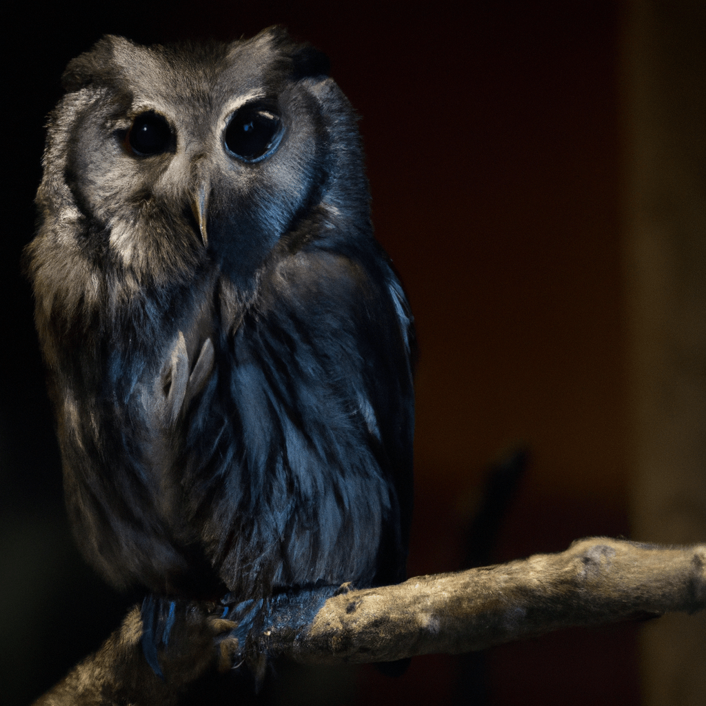 [Image: A wide-eyed owl perched on a branch, camouflaged by the night.]. Sigma 85 mm f/1.4. No text.