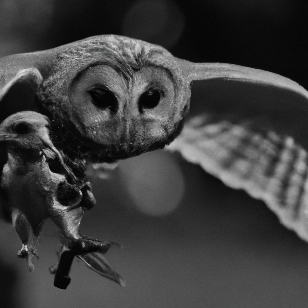 2 - A stunning photo capturing an owl swooping in to catch a tiny mammal in its sharp talons, highlighting the unique relationship between owls and small prey. Shot with a telephoto lens.. Sigma 85 mm f/1.4. No text.