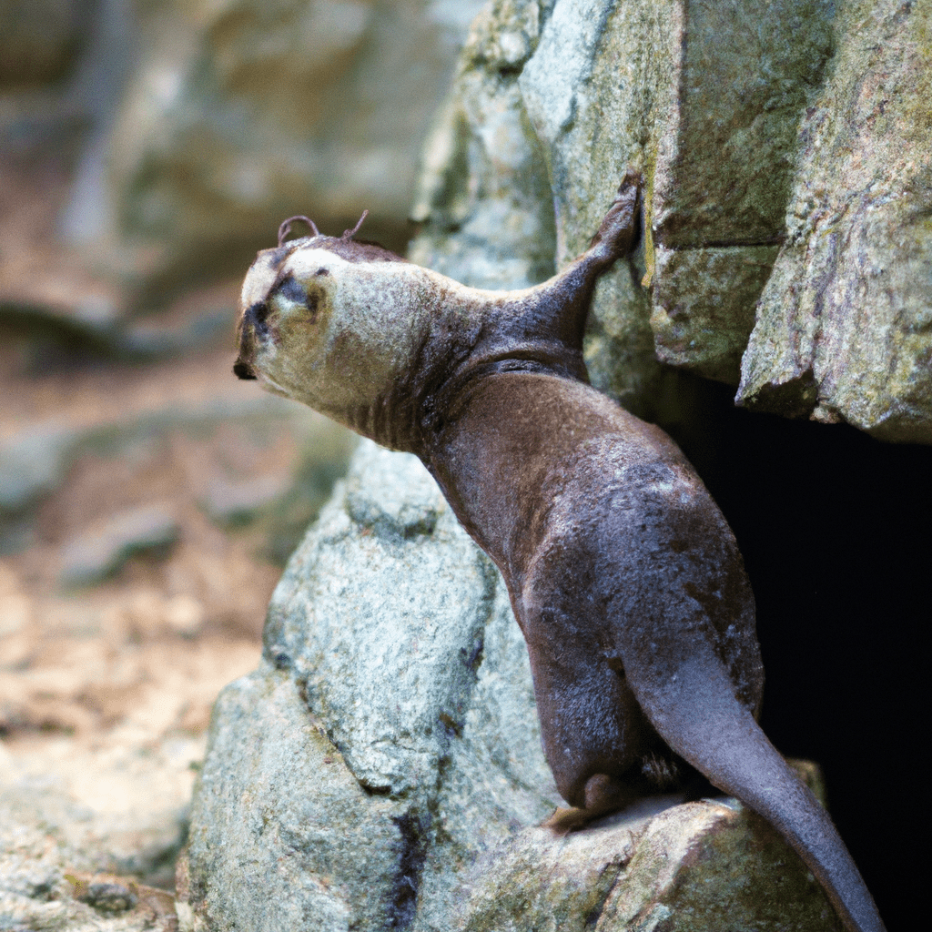 PHOTO: A curious otter gracefully climbing up a rocky cliff, demonstrating its impressive climbing skills.. Sigma 85 mm f/1.4. No text.