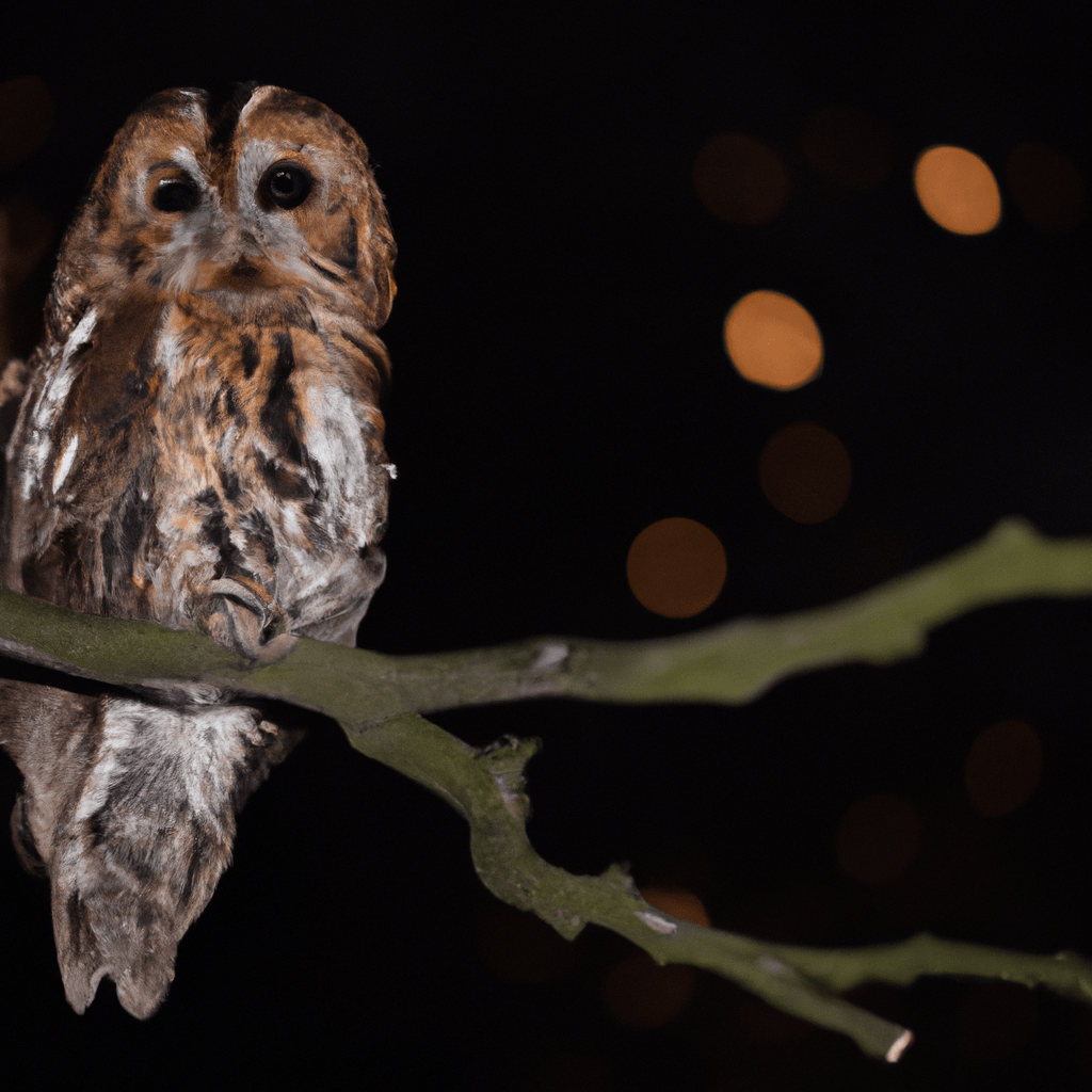 A close-up of an owl perched on a tree branch, scanning the night sky for its next meal.. Sigma 85 mm f/1.4. No text.