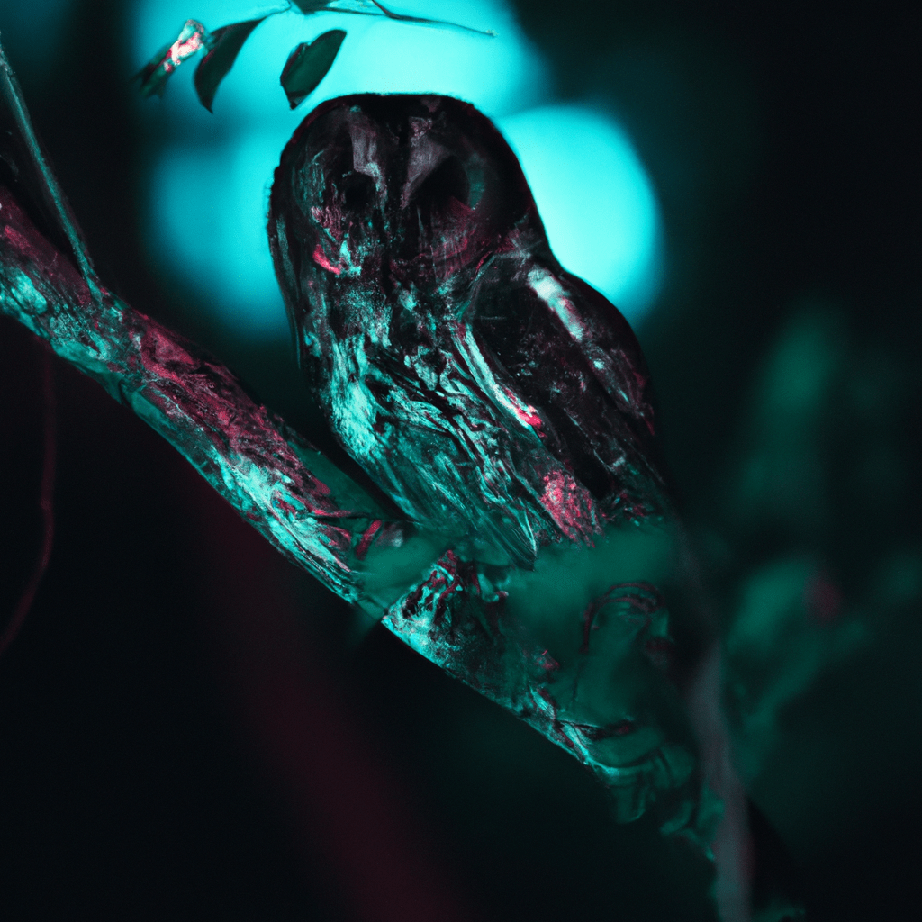 [Photo: Owl perched on a branch in dense foliage at night]. Sigma 85 mm f/1.4. No text.