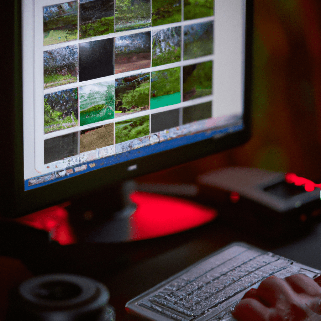 A photo of a person using photo management software to organize and edit wildlife camera trap images.. Sigma 85 mm f/1.4. No text.