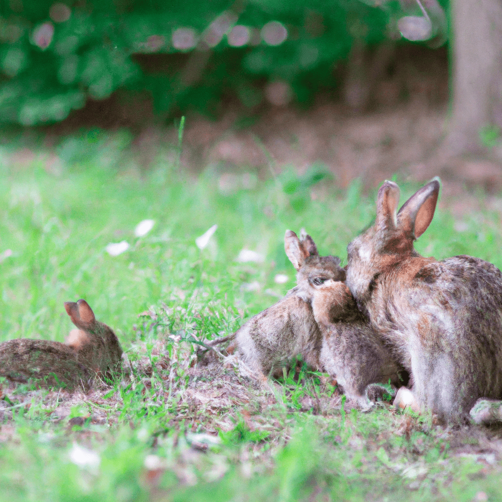 [Photograph] A mother rabbit playing with her adorable young ones, captured by a hidden camera.. Sigma 85 mm f/1.4. No text.