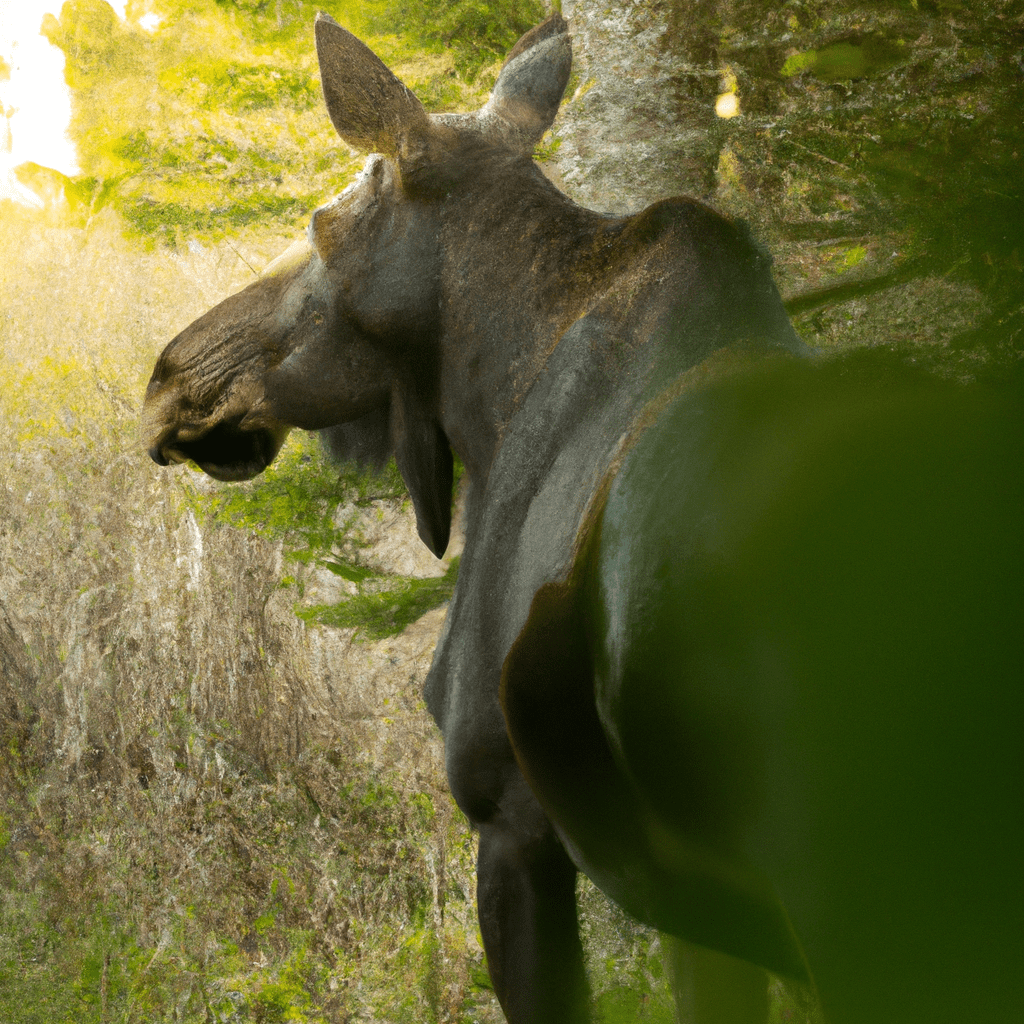 An intimate portrait of a pregnant moose carefully selecting a safe birthing location as her protective instincts kick in.. Sigma 85 mm f/1.4. No text.