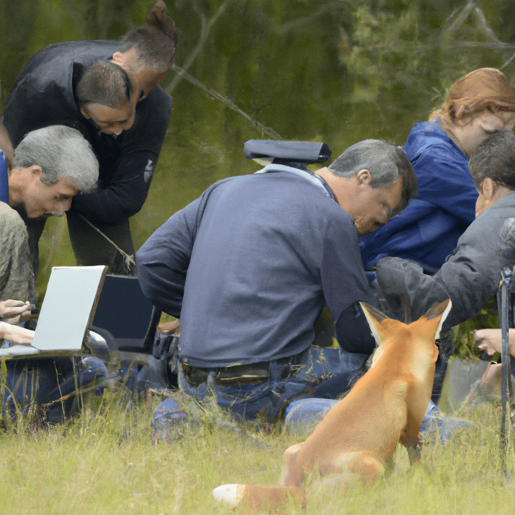 2 - [Photograph]: A group of researchers using specialized software to analyze data from camera traps, gaining valuable insights into the behavior of fox families in the wild.. Sigma 85 mm f/1.4. No text.