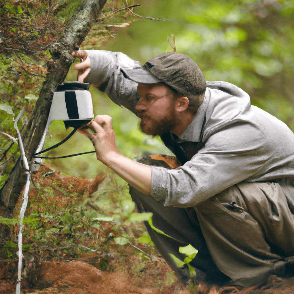 A researcher carefully setting up a trail camera to respect the privacy of wildlife in their natural habitat. Sigma 85 mm f/1.4. No text.. Sigma 85 mm f/1.4. No text.