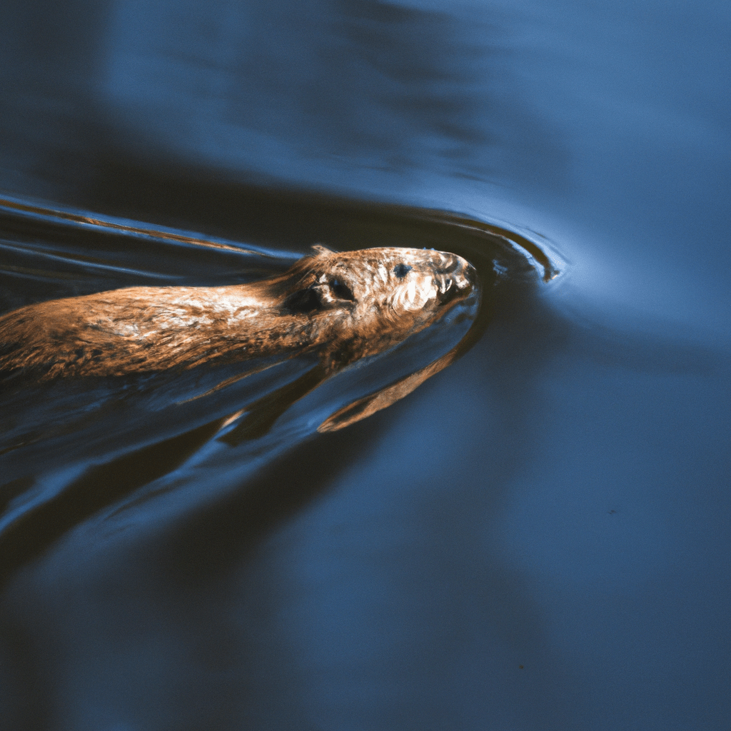 A photograph capturing a muskrat gracefully swimming in a crystal-clear pond, symbolizing its resilience in the face of climate change.. Sigma 85 mm f/1.4. No text.