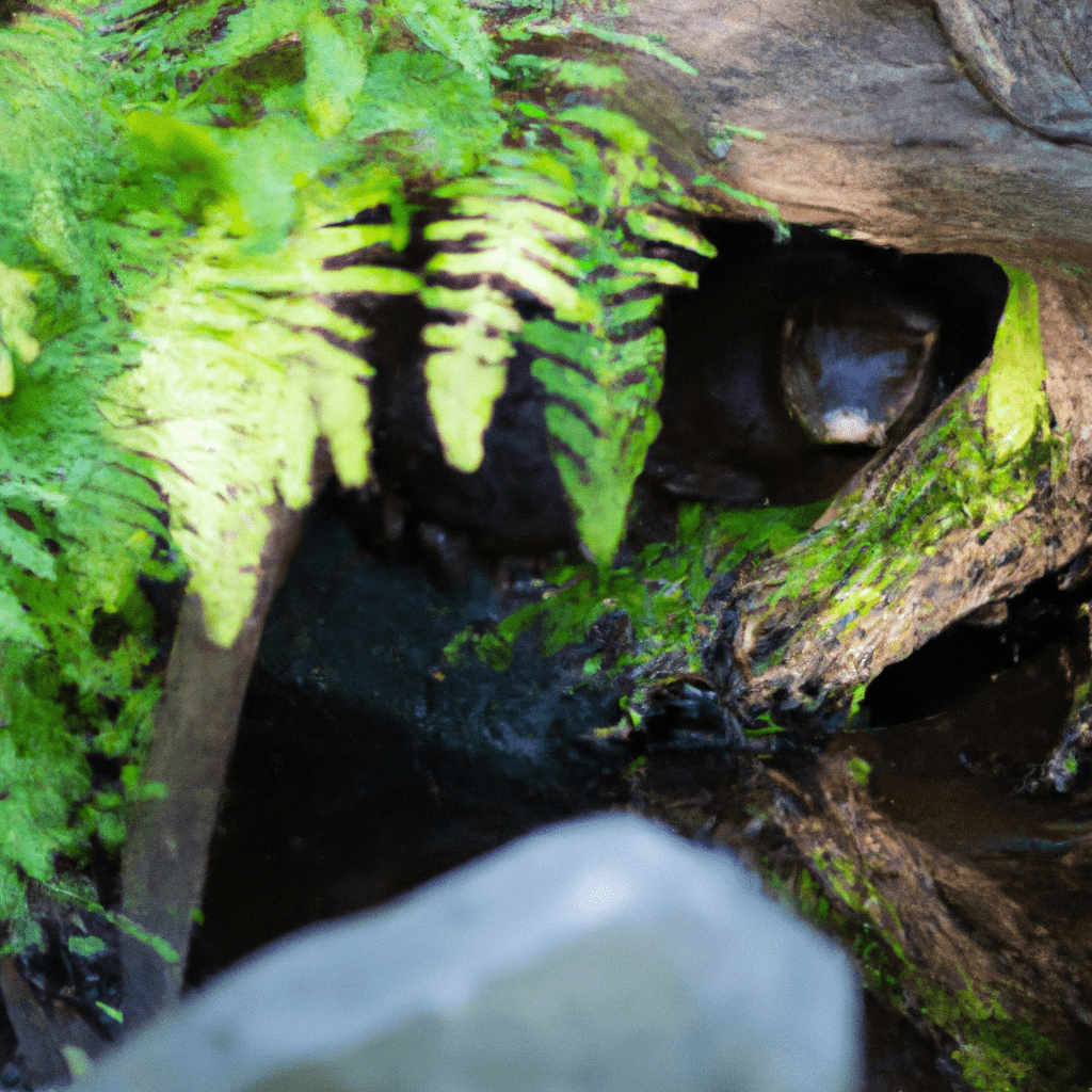 A river otter nestled in a cozy den made of branches and leaves, hidden among the lush vegetation near a glistening water stream.. Sigma 85 mm f/1.4. No text.
