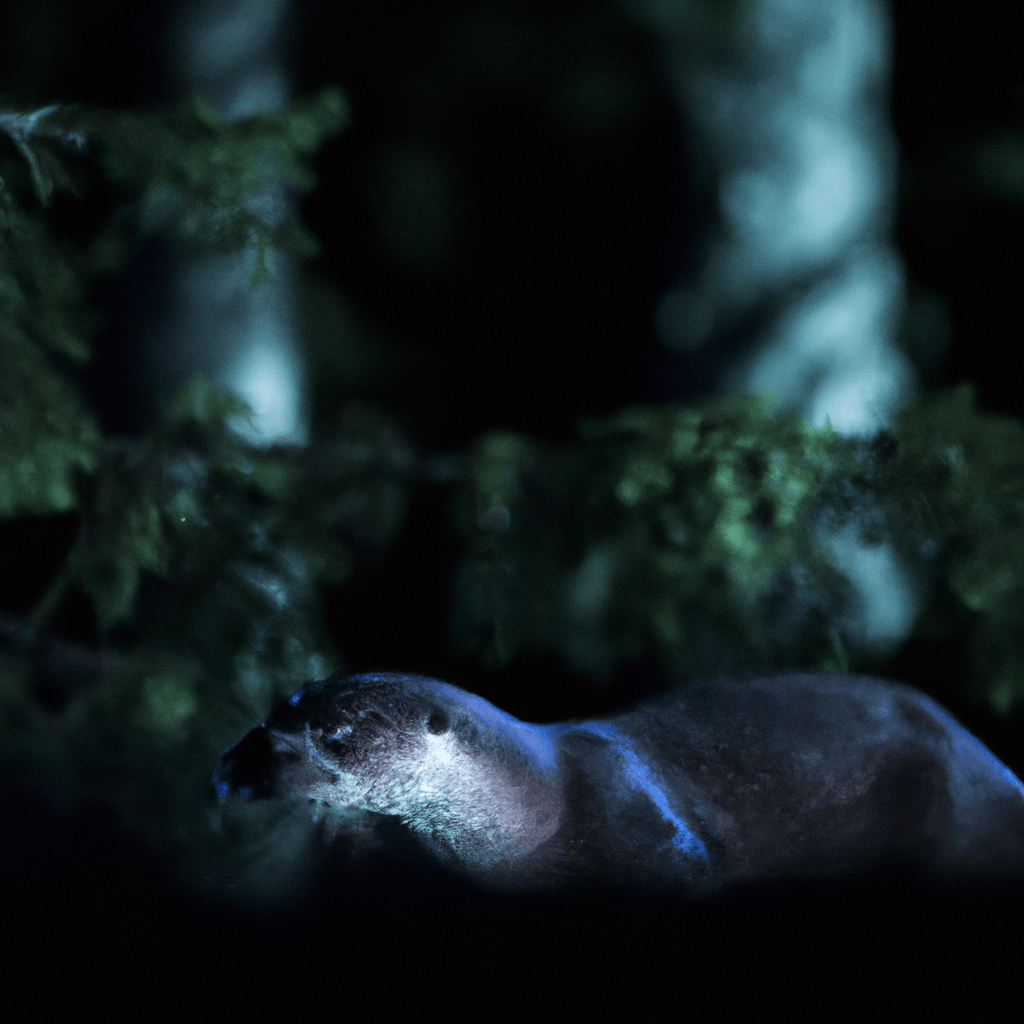 A river otter cautiously navigating through a moonlit forest, its wary eyes scanning for potential predators. Sigma 85 mm f/1.4. No text.. Sigma 85 mm f/1.4. No text.