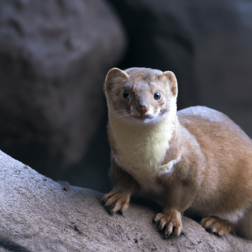 A rock weasel with its captivating gaze perched on a rocky ledge, highlighting the importance of conservation measures. Sigma 85mm f/1.4 lens captures every detail.. Sigma 85 mm f/1.4. No text.