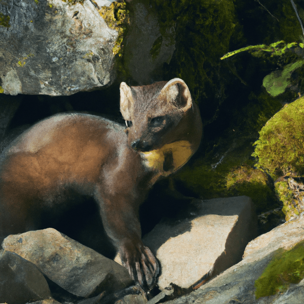 [This photo shows a rock marten captured by a camera trap in its natural habitat. The use of camera traps helps scientists understand the behavior and needs of this species, contributing to its conservation.]. Sigma 85 mm f/1.4. No text.