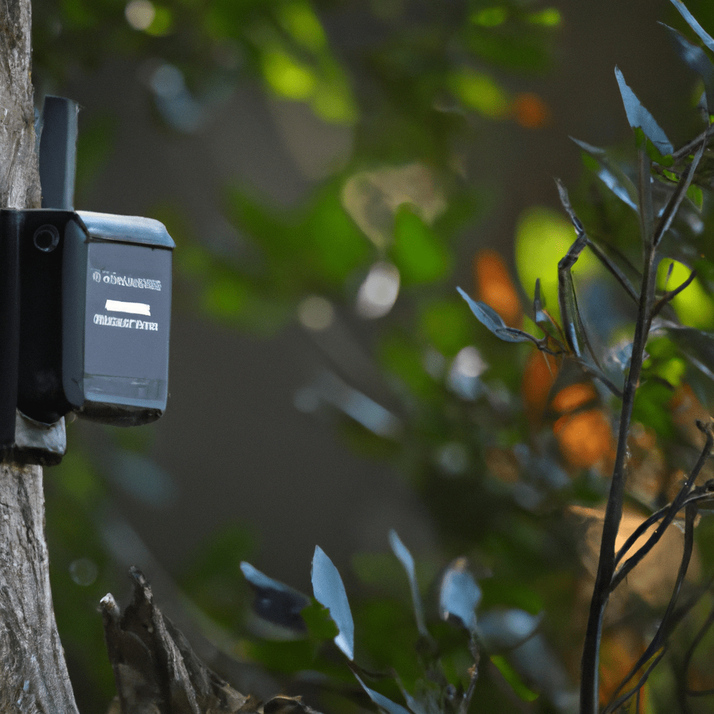 2 - An image capturing the ScoutGuard trail camera securely mounted in an outdoor environment, ready to capture fascinating moments in nature or provide added security.. Sigma 85 mm f/1.4. No text.