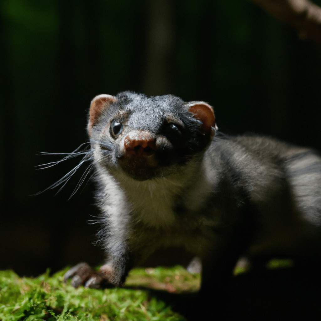 Photo captured by a camera trap, revealing a close-up of a small white-toothed creature in its natural forest habitat.. Sigma 85 mm f/1.4. No text.