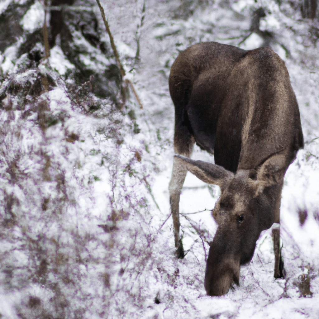 2 - [Image: A vulnerable moose foraging for food in the snow-covered forest.] Nikon 50 mm f/1.8. No text.. Sigma 85 mm f/1.4. No text.