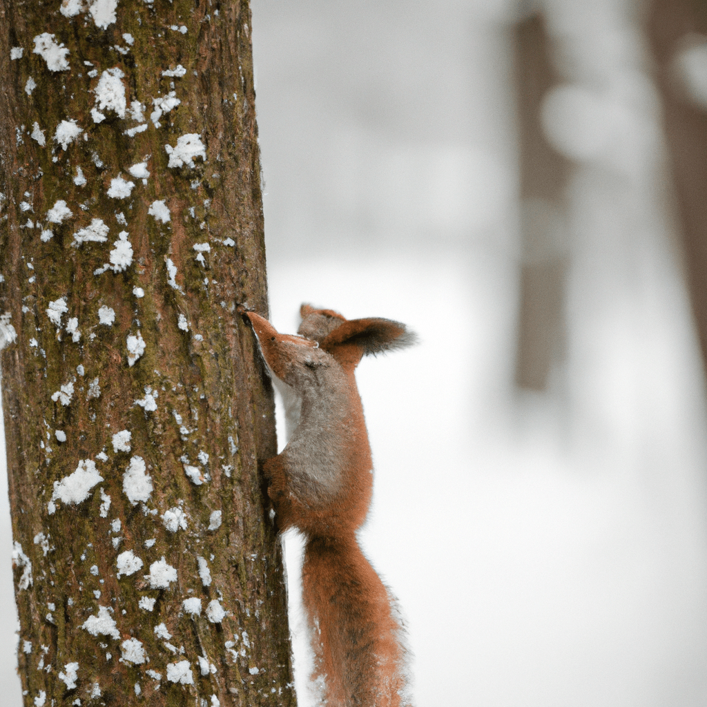 [A photo of a squirrel climbing a tree covered in snow]. Sigma 85 mm f/1.4. No text.