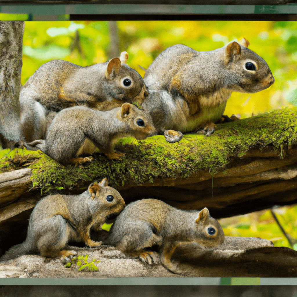 A photo of a squirrel family captured by a well-positioned trail camera, providing valuable data on their behavior and habits.. Sigma 85 mm f/1.4. No text.
