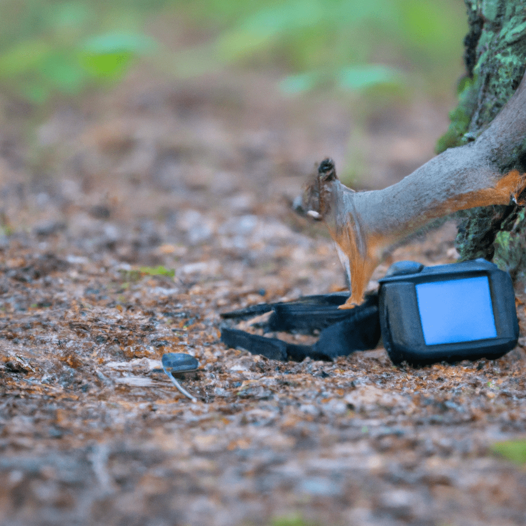 A photo of a squirrel exploring its territory with the help of a camera trap.. Sigma 85 mm f/1.4. No text.