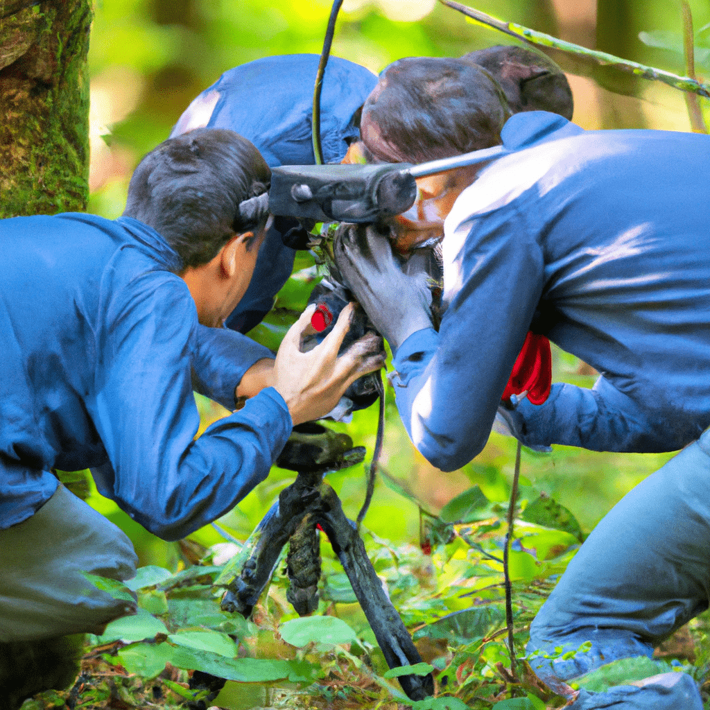 2 - [Photo description: A research team setting up a wildlife camera in a dense forest, capturing the behavior of squirrels in their natural habitat.]. Canon EOS R6. No text.. Sigma 85 mm f/1.4. No text.