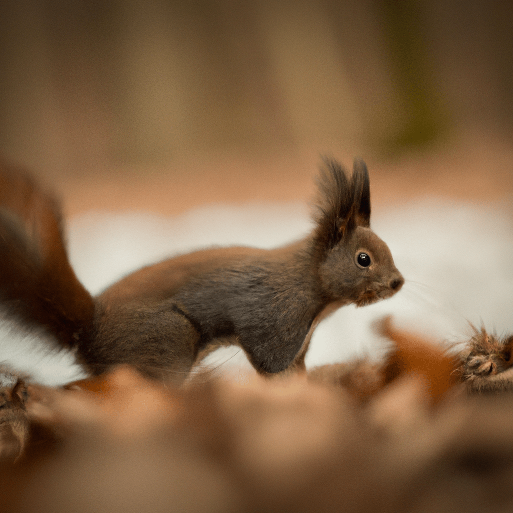 3 - [A photo of a squirrel exploring its winter habitat on the forest floor. Canon 100 mm f/2.8. No text.]. Sigma 85 mm f/1.4. No text.