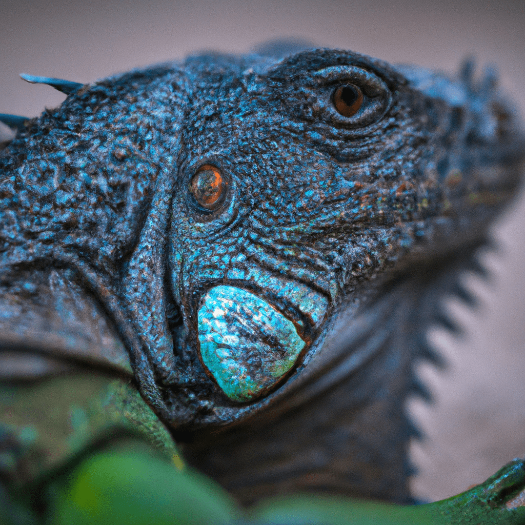 A close-up of a green iguana showcasing its incredible defensive adaptations. Its long tail doubles as a powerful weapon, providing both protection and a means of intimidation. The iguana's ability to blend into its surroundings, aided by its color-changing abilities, makes it a stealthy predator and a master of survival.. Sigma 85 mm f/1.4. No text.