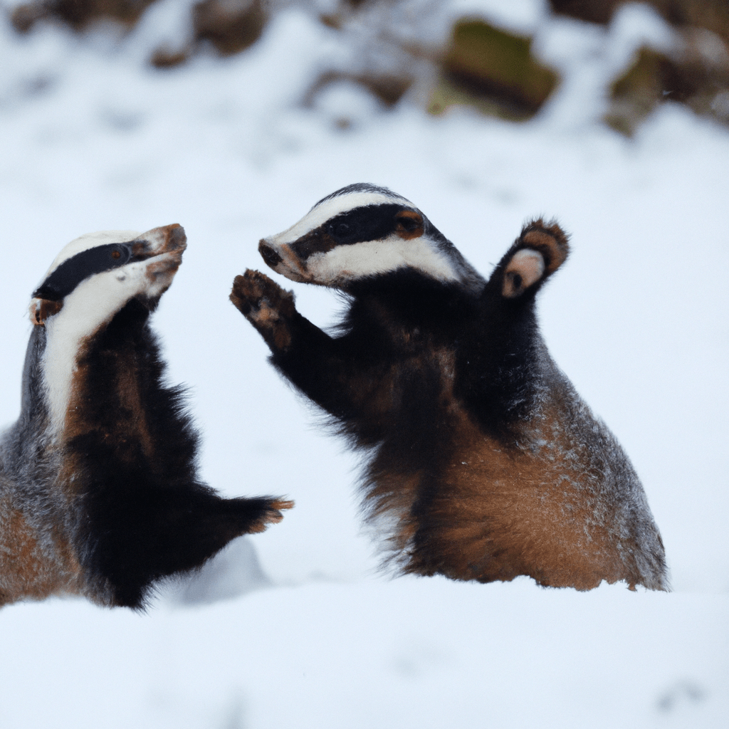 2 - A photo capturing the territorial battles of badgers in the snowy winter landscape. Canon 70-200 mm f/2.8 lens. No text.. Sigma 85 mm f/1.4. No text.