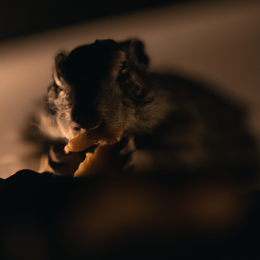 [Title: Night-time Feast]
Description: A photo capturing a curious jezevec hunting for its favorite evening meal, showcasing its exceptional hearing and sense of smell in action.. Sigma 85 mm f/1.4. No text.
