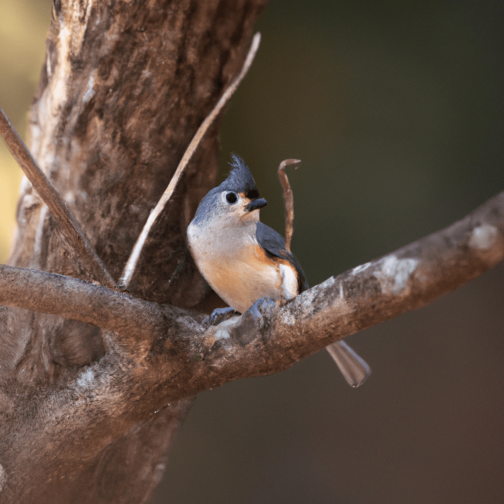 Photograph: A tufted titmouse perched on a branch, looking up at a potential nesting cavity in a tree crown.. Sigma 85 mm f/1.4. No text.