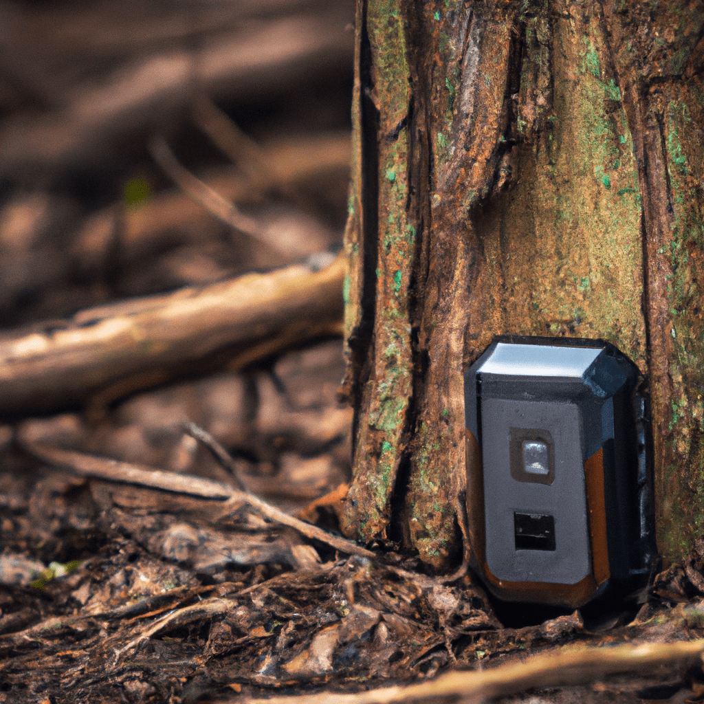 A photo showcasing a stylish and discreet ScoutGuard trail camera perfectly blending into the natural environment.. Sigma 85 mm f/1.4. No text.