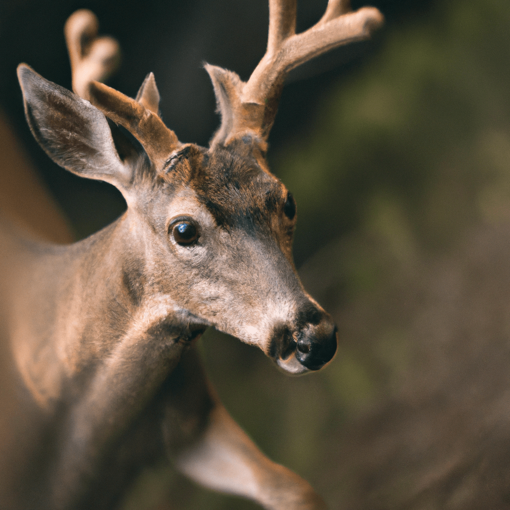 [Photo: A close-up of a deer captured by a motion-activated trail camera in its natural habitat]. Sigma 85 mm f/1.4. No text.