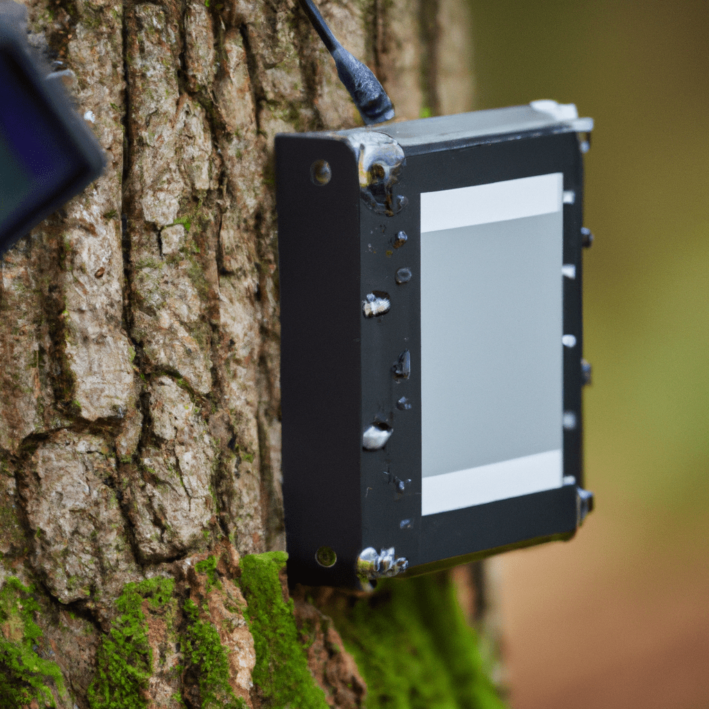 A photo of a trail camera being inspected and maintained in a forest, ensuring its optimal performance and longevity.. Sigma 85 mm f/1.4. No text.